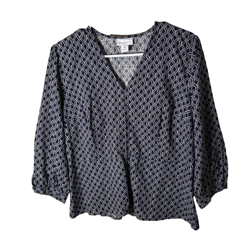 Liz Claiborne Blouse Women's Petite Medium V-Neck 3/4 Sleeve Career Printed Top